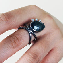 Load image into Gallery viewer, Diatom Ring - Sterling Silver, Fine Silver, Black Sheen Sapphire, Freshwater Pearls - Size 7.5 - TIN HAUS