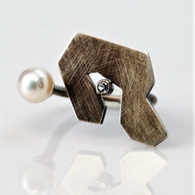 Load image into Gallery viewer, Contemplation Ring 1 in Patina - Sterling Silver, White Topaz, White Freshwater Pearl - TIN HAUS Jewelry