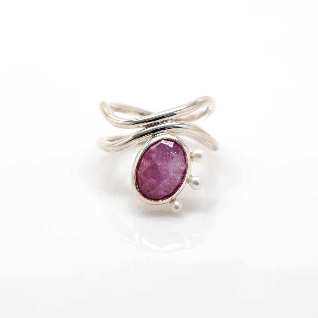 Diatom Ring - Sterling Silver, Pink Sapphire, Pearls - Size 8.5 - TIN HAUS® Jewelry