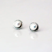 Load image into Gallery viewer, Eclipse Studs in Patina - Sterling Silver, White Freshwater Button Pearls - TIN HAUS Jewelry