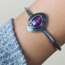 Load image into Gallery viewer, Sapphire Abyss Cuff Bracelet - Sterling Silver, Fine Silver, 14K Yellow Gold, Raspberry Sapphire - Size Medium - TIN HAUS