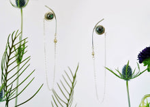 Load image into Gallery viewer, Saturn Earrings - Sterling Silver, 18KT Yellow Gold Bezel, Lab Grown Diamonds, Black Peacock Freshwater Button Pearls - TIN HAUS Jewelry