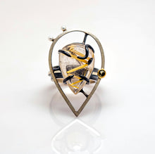 Load image into Gallery viewer, The Zoa Ring - Sterling Silver, 18K Yellow Gold, Rutilated Quartz, Moldavite Gemstone, Pearls - is ready-to-ship in Size 7. Otherwise, choose from our specially selected Rutilated Quartz to be created in your size.