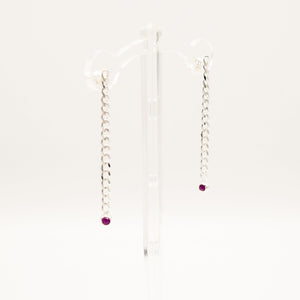 Edgy Sterling Silver Cuban Chain Pink Sapphire Earrings