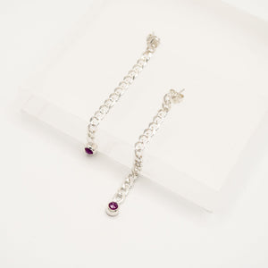 Edgy Sterling Silver Cuban Chain Pink Sapphire Earrings