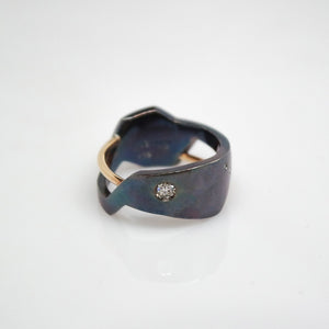 Men's Andromeda Ring - Smooth, Oxidized, 14KT Yellow Gold, Sterling Silver, White Diamonds - TIN HAUS Jewelry