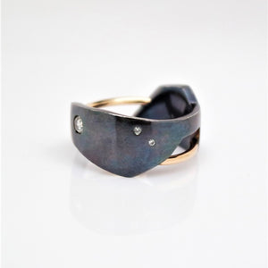 Men's Andromeda Ring - Smooth, Oxidized, 14KT Yellow Gold, Sterling Silver, White Diamonds - TIN HAUS Jewelry