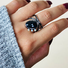 Load image into Gallery viewer, Diatom Ring - Sterling Silver, Fine Silver, Black Sheen Sapphire, Freshwater Pearls - Size 7.5 - TIN HAUS