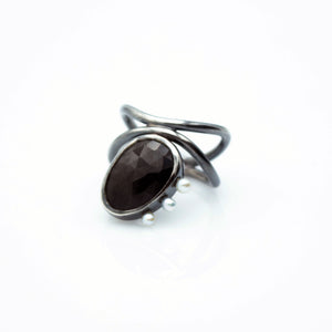 Diatom Ring - Sterling Silver, Fine Silver, Black Sheen Sapphire, Freshwater Pearls - Size 7.5 - TIN HAUS