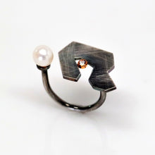 Load image into Gallery viewer, Contemplation Ring 1 in Patina - Sterling Silver, 14KT Yellow Gold Bezel Accent, White Topaz or Lab Grown Diamond, White Freshwater Pearl - TIN HAUS Jewelry