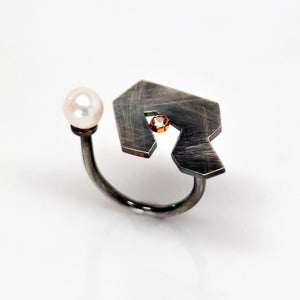 Contemplation Ring 1 in Patina - Sterling Silver, 14KT Yellow Gold Bezel Accent, White Topaz or Lab Grown Diamond, White Freshwater Pearl - TIN HAUS Jewelry