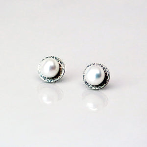 Eclipse Studs in Patina - Sterling Silver, White Freshwater Button Pearls - TIN HAUS Jewelry