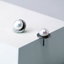 Load image into Gallery viewer, Eclipse Studs in Patina - Sterling Silver, White Freshwater Button Pearls - TIN HAUS Jewelry
