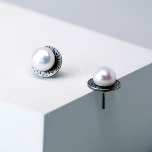 Eclipse Studs in Patina - Sterling Silver, White Freshwater Button Pearls - TIN HAUS Jewelry