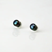 Load image into Gallery viewer, Eclipse Studs in High Polish - Sterling Silver, Peacock Freshwater Button Pearls - TIN HAUS Jewelry