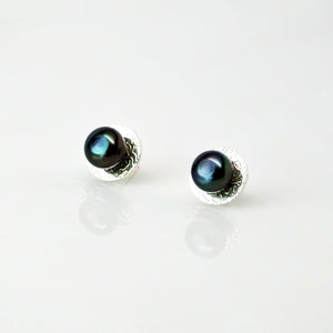 Eclipse Studs in High Polish - Sterling Silver, Peacock Freshwater Button Pearls - TIN HAUS Jewelry
