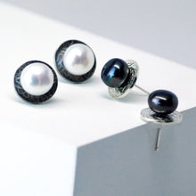 Load image into Gallery viewer, Eclipse Studs Group Shot - Sterling Silver, White or Peacock Freshwater Button Pearls, Choose High Polish or Patina - TIN HAUS Jewelry