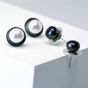 Eclipse Studs Group Shot - Sterling Silver, White or Peacock Freshwater Button Pearls, Choose High Polish or Patina - TIN HAUS Jewelry