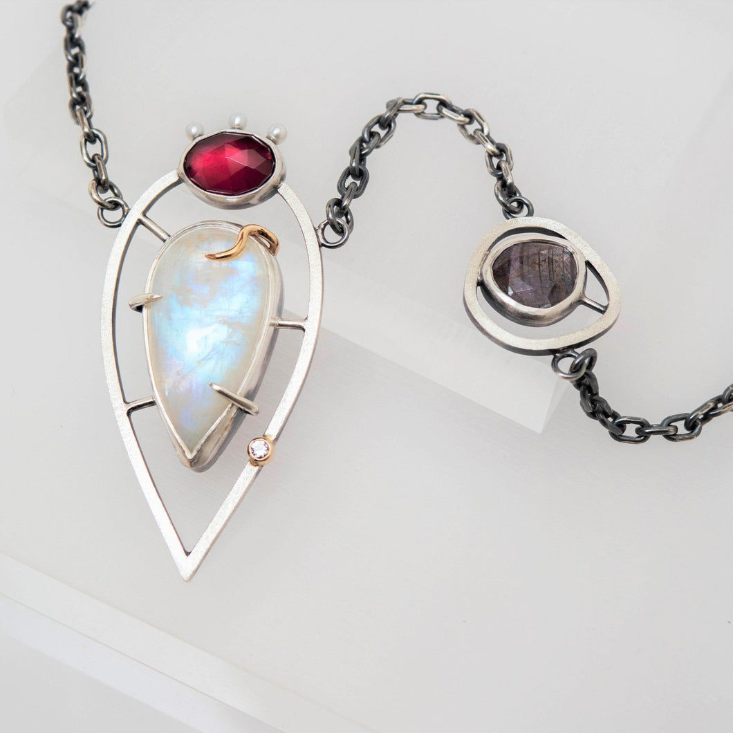 Empress Necklace - Sterling Silver, 14K Yellow Gold, Rainbow Moonstone, Sheen Sapphire, Rhodolite Garnet, White Topaz, Freshwater Pearls - TIN HAUS Jewelry