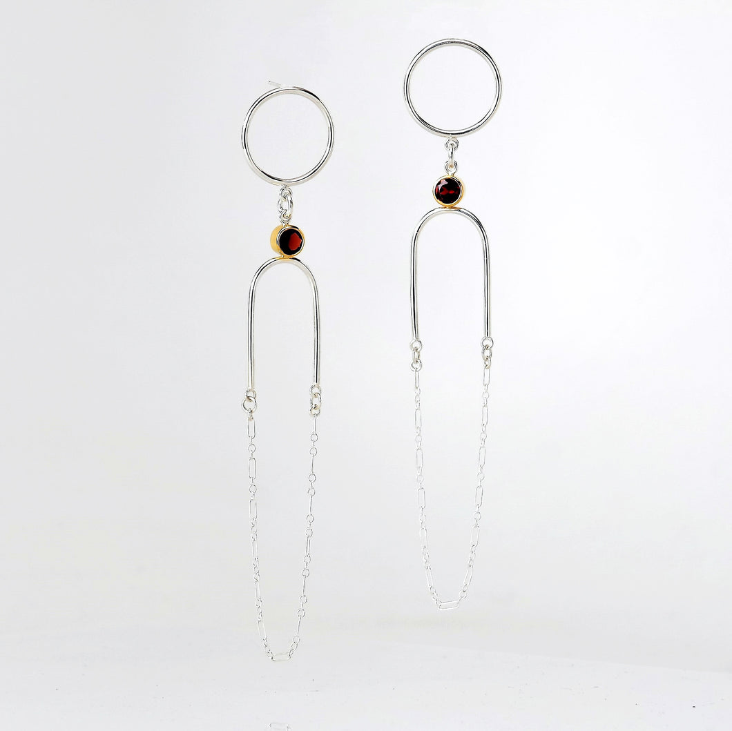 Hatshepsut Earrings - Sterling Silver, 14KT Yellow Gold, Garnet Faceted Stones - TIN HAUS Jewelry