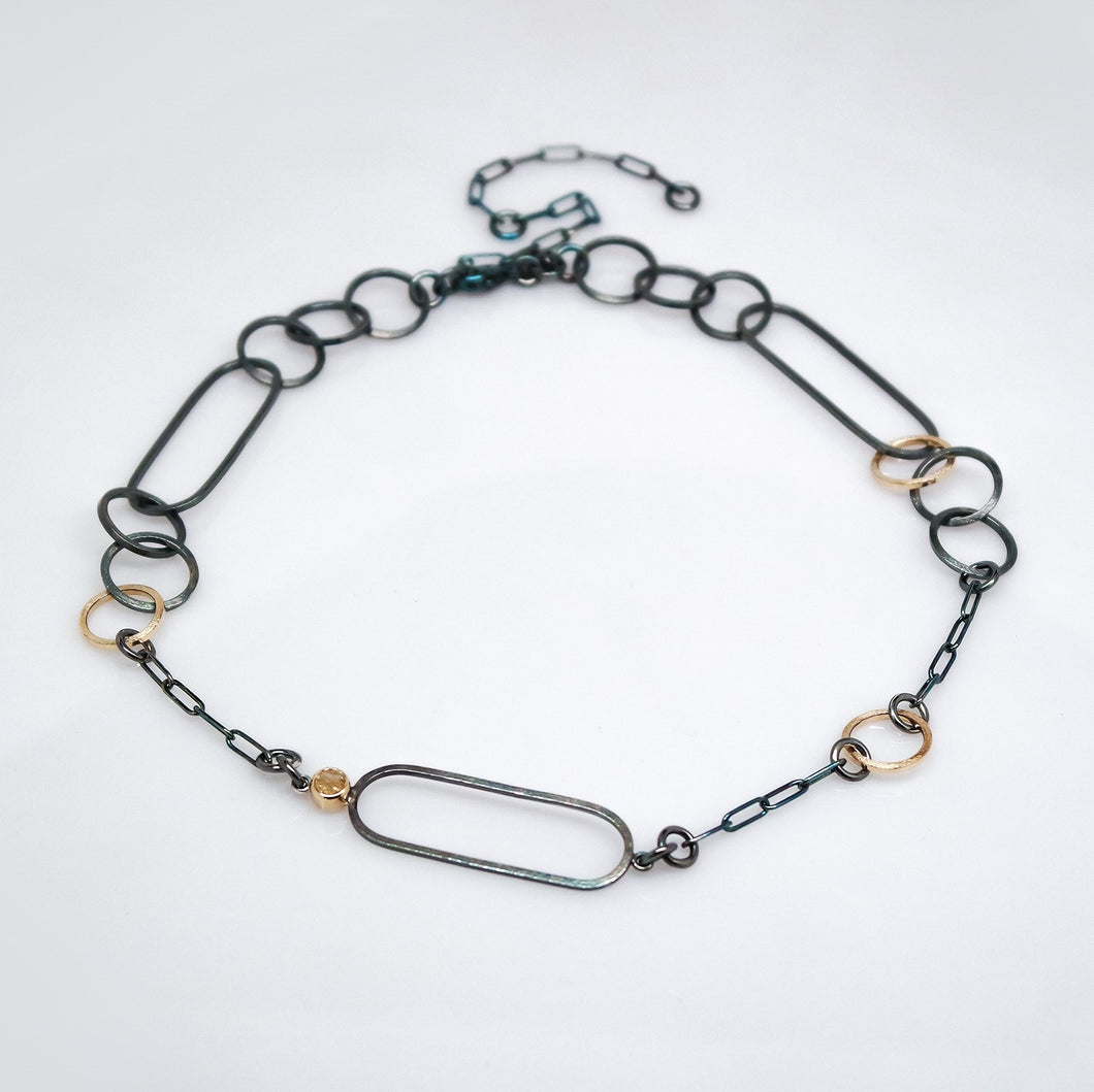Interlink Oxidized 14KT Yellow Gold Sterling Silver Gold Rutilated Quartz Necklace - TIN HAUS Jewelry