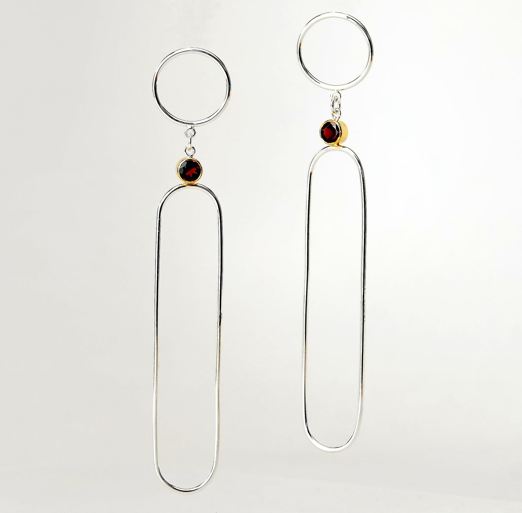 Nefertiti Earrings - Sterling Silver, 14KT Yellow Gold, Garnet Faceted Stones - TIN HAUS Jewelry