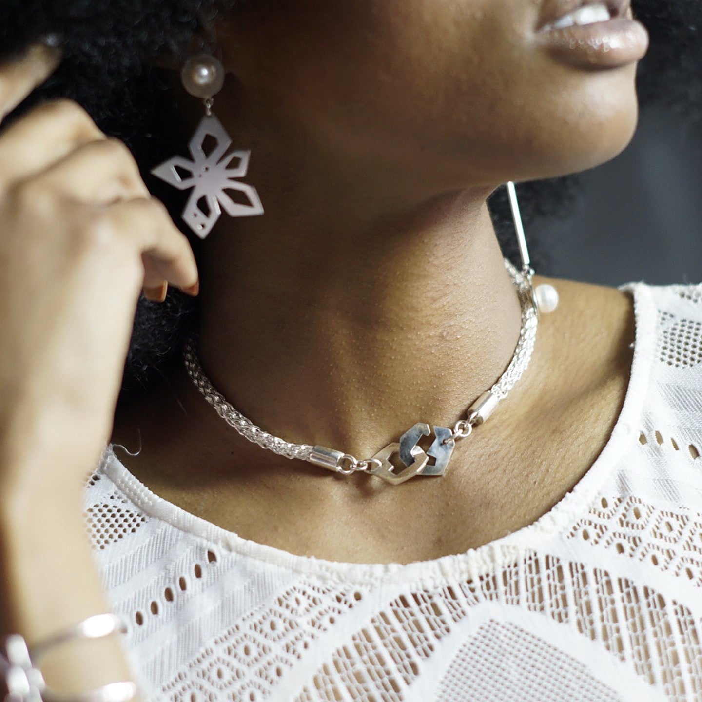 Nova Earrings and Presence III-Loop Choker Necklace on model