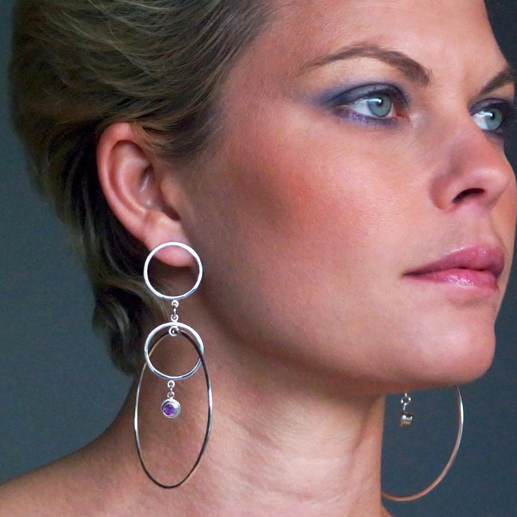 Orbs Earrings - Sterling Silver, Amethyst Faceted Gemstones - TIN HAUS Jewelry