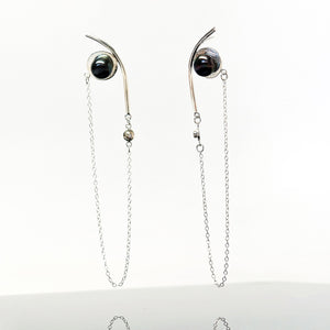 Saturn Earrings - Sterling Silver, 18KT Yellow Gold Bezel, Lab Grown Diamonds, Black Peacock Freshwater Button Pearls - TIN HAUS Jewelry