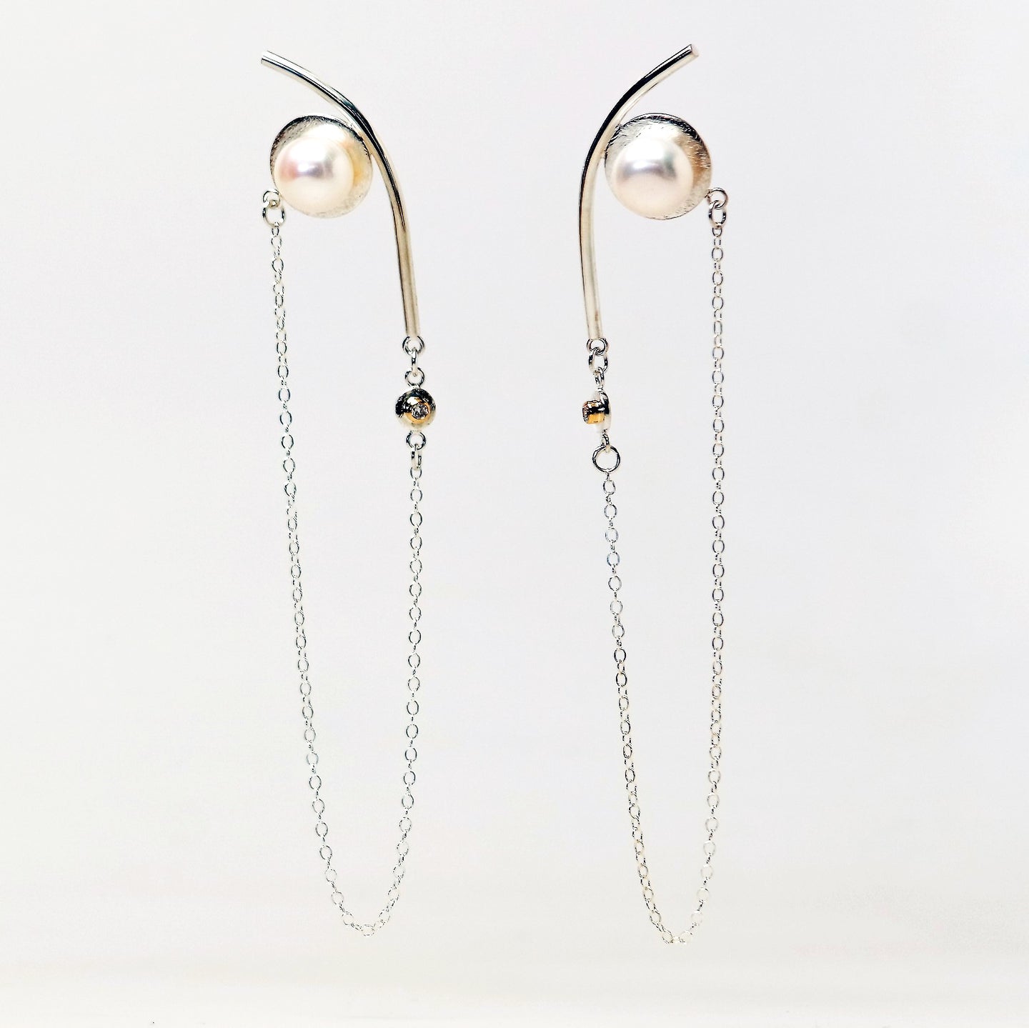 Saturn Earrings - Sterling Silver, 18KT Yellow Gold Bezel, Lab Grown Diamonds, White Freshwater Button Pearls - TIN HAUS Jewelry