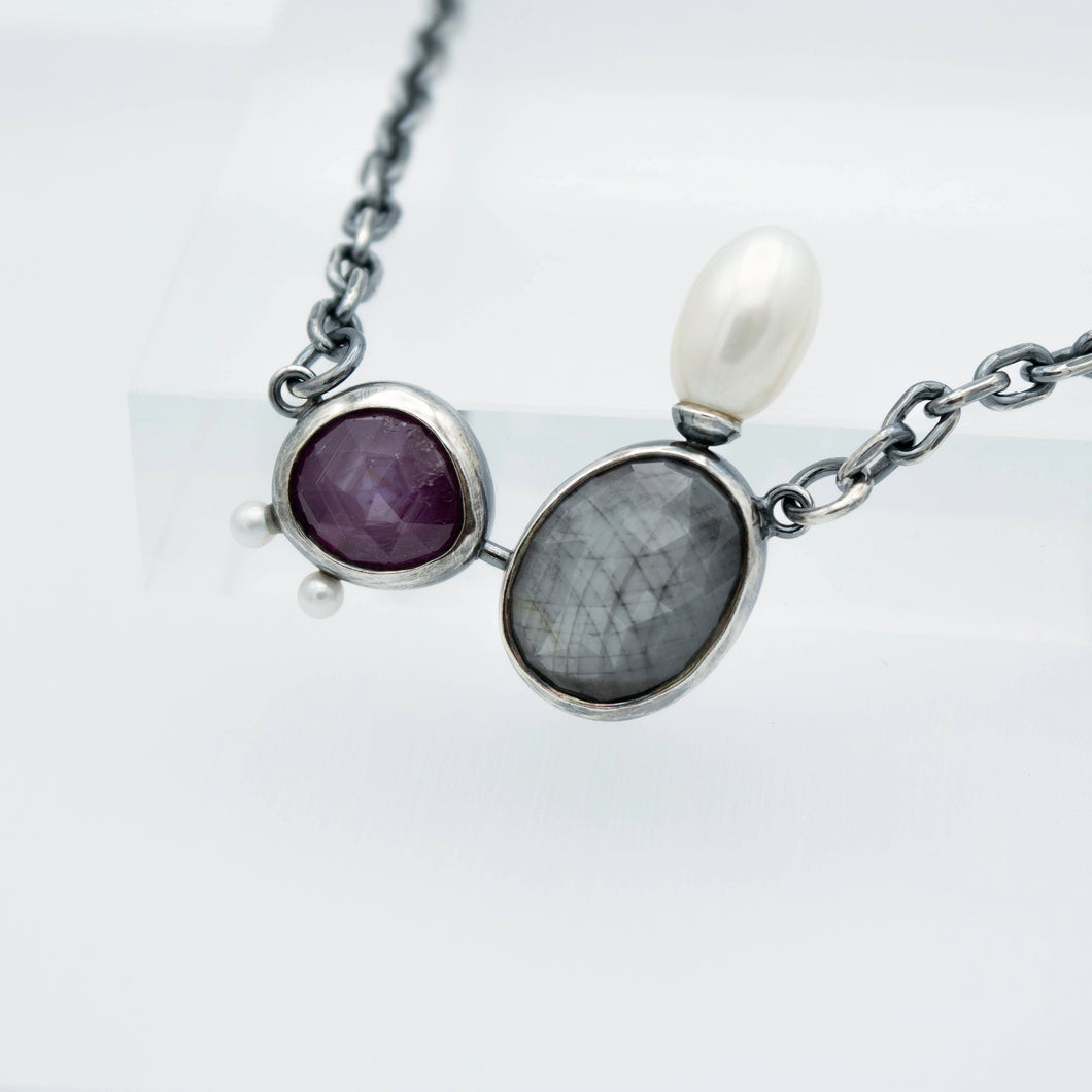 Raspberry Silver Sheen Sapphire Pearl Abyss Neckace - Sterling Silver, Raspberry Sapphire, Silver Sheen Sapphire, Freshwater Pearls - TIN HAUS