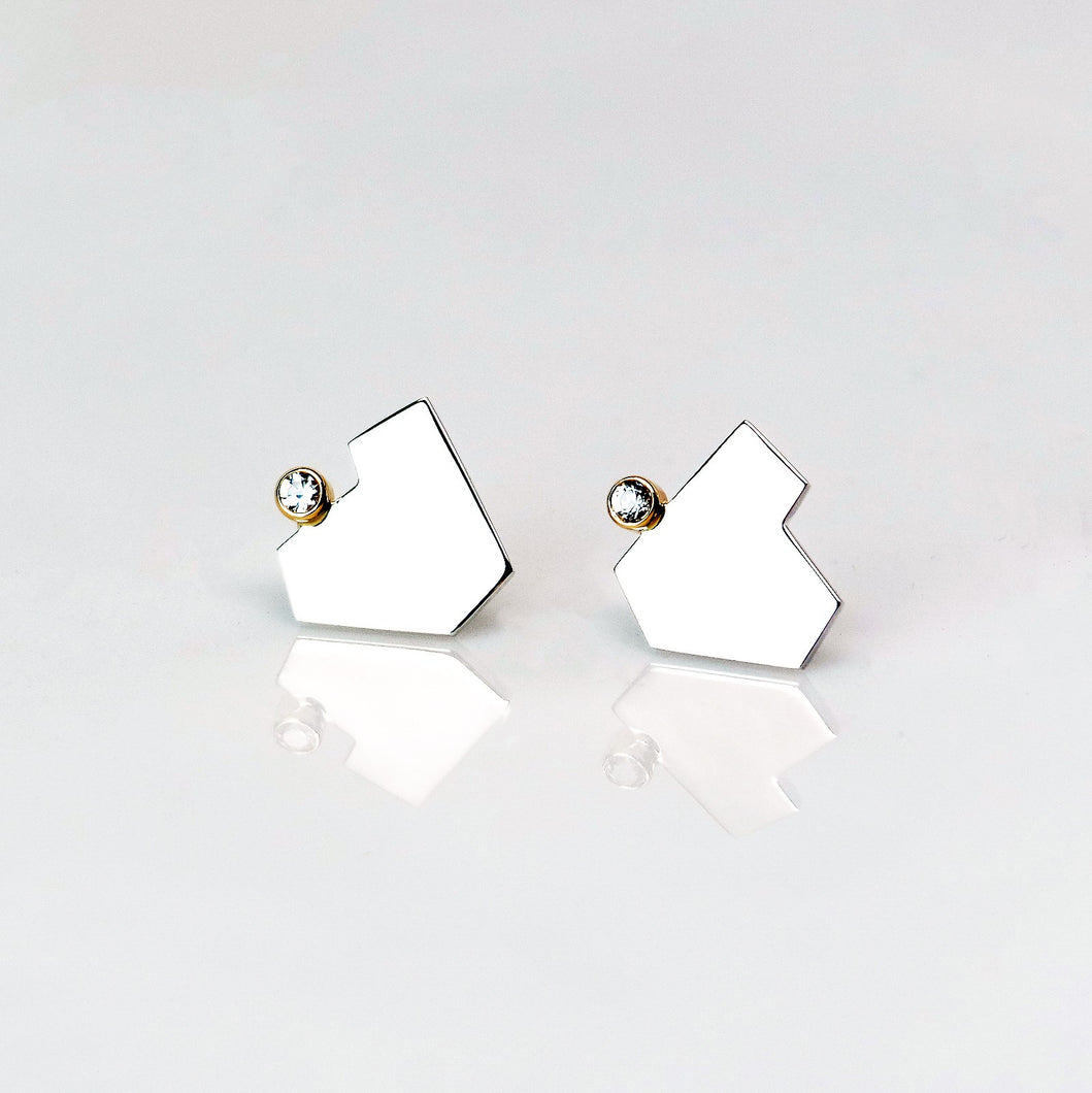 Stillness Studs with Stones, Large - Sterling Silver, 14KT Yellow Gold, Lab Grown Diamonds - TIN HAUS Jewelry